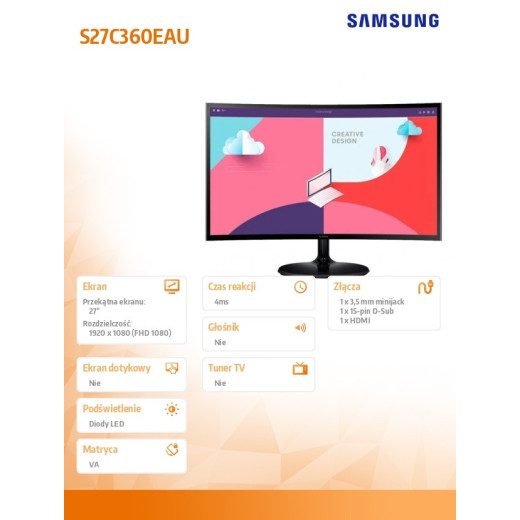 Samsung Monitor 27 cali LS27C360EAUXEN VA 1920x1080 FHD 16:9 1xD-Sub 1xHDMI 4ms(GTG) zakrzywiony 2 lata d2d