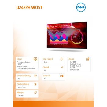 Dell Monitor U2422HWOST 23.8 cala FHD/HDMI/DP/USB/Bez podstawy