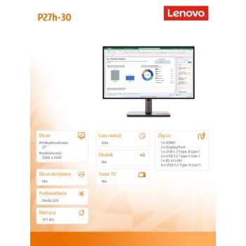Lenovo Monitor ThinkVision P27h-30 27 cali 63A1GAT1EU