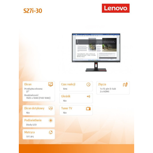 Lenovo Monitor ThinkVision S27i-30 27 cali 63DFKAT4EU