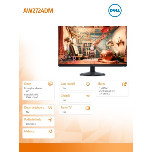 Dell Monitor Alienware AW2724DM 27 cali LED 2560x1440/HDMI/DP/USB/3Y