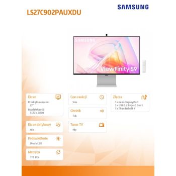Samsung Monitor 27 cali Viewfinity S90PC IPS 5120x2880 5K/UHD+ 16:9 1xminiDP 1xTB4.0 (90W/15W) 3xUSB3.0 WiFi/BT 5ms 60 Hz