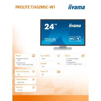 IIYAMA Monitor 24 cale T2452MSC-W1 10 PKT. POJ,IPS,HDMI,DP