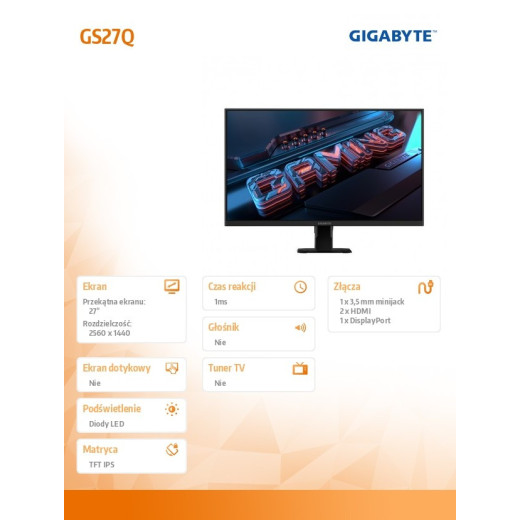 Gigabyte Monitor 27 cali GS27Q IPS QHD HDMI DP 165HZ