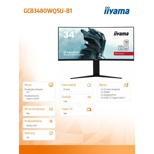 IIYAMA Monitor 34 cale GCB3480WQSU-B1 VA,UWQHD,180HZ,0.4ms,1500R(Curved), 2xHDMI,2xDP,2xUSB