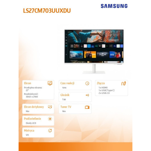 Samsung Monitor 27 cali SMART M7 VA 3840x2160 UHD 16:9 1xHDMI 2x USB 2.0 1xUSB-C (65W) WiFi/BT 4ms(GTG) głośniki płaski biały