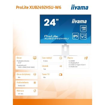IIYAMA Monitor 23.8 cala XUB2492HSU-W6 IPS,HDMI,DP,100Hz,SLIM,HAS(150mm),4xUSB