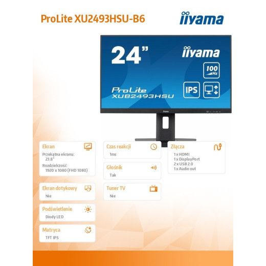 IIYAMA Monitor 23.8 cala XUB2493HSU-B6 IPS.HDMI.DP.2x2W.USBx2.SLIM.HAS(150mm)
