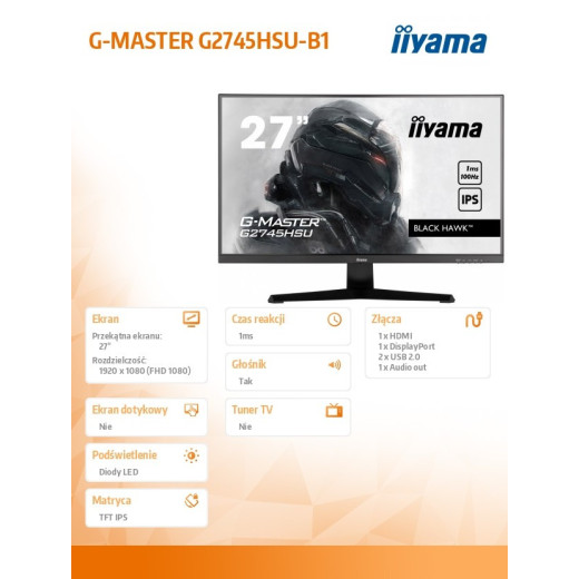 IIYAMA Monitor G-Master G2745HSU-B1 27 cali G2745HSU-B1 IPS,FHD,100Hz,1ms,2xUSB,2x2W,FreeSync