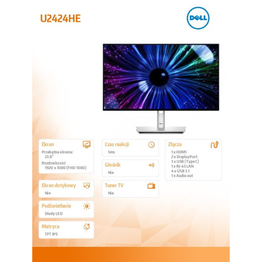Dell Monitor U2424HE 23.8 cala IPS LED FHD(1920x1080)/16:9/HDMI/DP/USB-C/USB/RJ-45/3Y