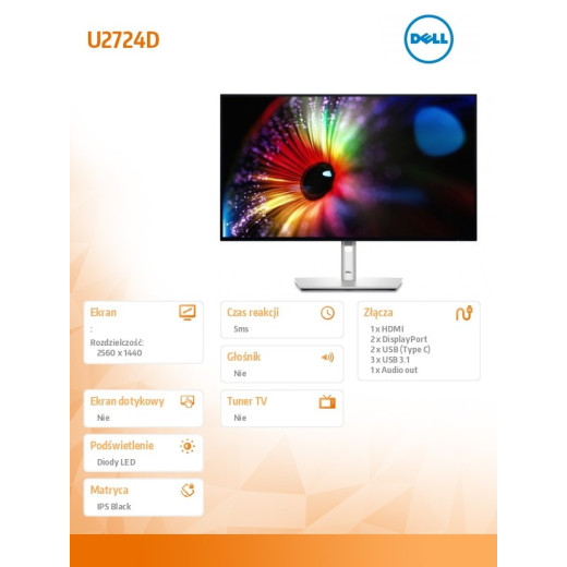 Dell Monitor U2724D 27 cali IPS LED QHD(2560x1440)/16:9/HDMI/DP/USB-C/USB/3Y