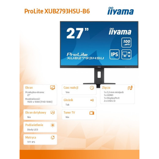 IIYAMA Monitor 27 cali XUB2793HSU-B6 IPS.HDMI.DP.2x2W.USBx2.FreeSync.Flicker