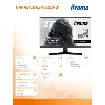 IIYAMA Monitor 27 cali G-Master G2745QSU-B1 IPS, QHD, 100Hz, 1ms, 2xUSB, 2x2W, FreeSync
