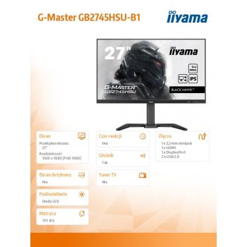 IIYAMA Monitor 27 cali G-Master GB2745HSU-B1 IPS,FHD,100Hz,1ms,2xUSB,HDMI,DP,2x2W, FreeSync,HAS(150mm)