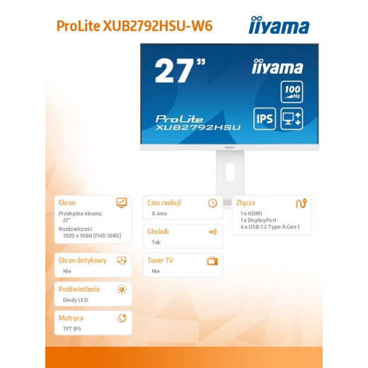 IIYAMA Monitor 27 cali ProLite XUB2792HSU-W6 IPS,HDMI,DP,100Hz,SLIM,4xUSB3.2,PIVOT, HAS(150mm),2x2W