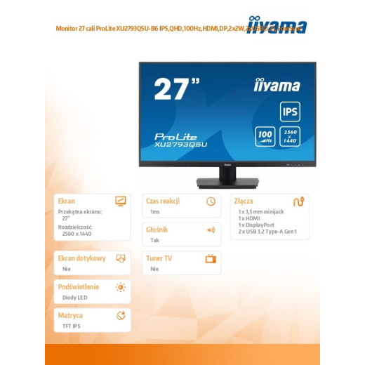 IIYAMA Monitor 27 cali ProLite XU2793QSU-B6 IPS,QHD,100Hz,HDMI,DP,2x2W,2xUSB(3.2), FreeSync