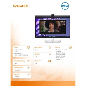 Dell Monitor P2424HEB 23.8 cala LED IPS Full HD (1920 x1080)/16:9/HDMI/DP/ RJ-45/Kamera/Głośniki/Mikrofon/3YPPG
