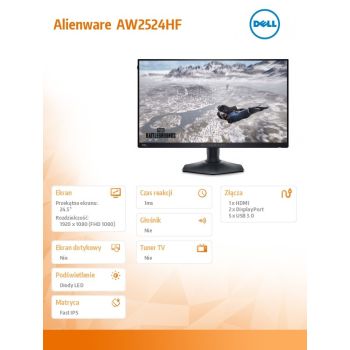 Dell Monitor Alienware AW2524HF 24.5 cala AMD FreeSync Premium 500Hz Full HD (1920x1080)/16:9/DP/HDMI/USB/3Y AES&PPE