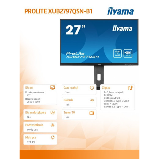 IIYAMA Monitor 27 cali XUB2797QSN-B1 IPS,QHD,USB-c Dock,HDMI