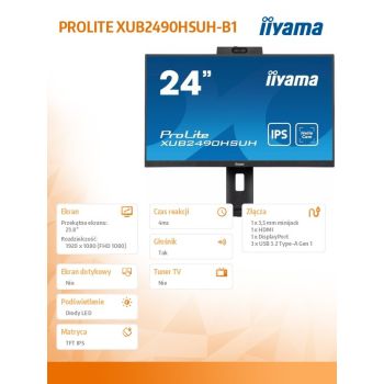 IIYAMA Monitor 24 cale XUB2490HSUH-B1 IPS,FHD,CAM,MIC,HDMI,DP,3xUSB(3.2), 100Hz,250cd,4ms,ADAPTIVE SYNC,FlickerFree,2x2W,WINDOWS