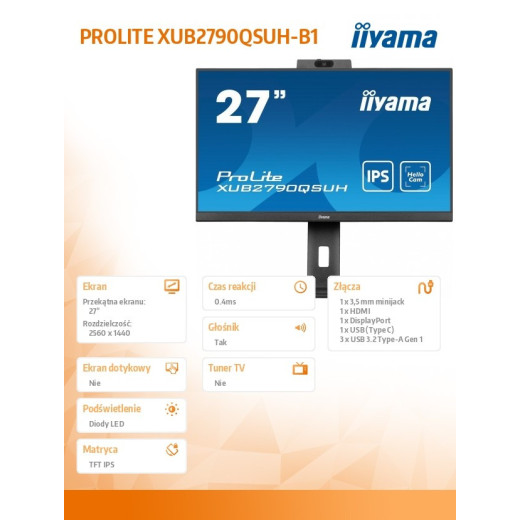 IIYAMA Monitor 27 cali XUB2790QSUH-B1 IPS,QHD,CAM,MIC,HDMI,DP,3xUSB(3.2), 100Hz,ADAPTIVE SYNC,FlickerFree,2x2W,WINDOWS HELLO