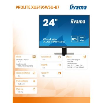 IIYAMA Monitor 24 cale XU2495WSU-B7 IPS,16:10,300cd,4ms,HDMI,DP,3xUSB(3.2), 1xUSB-c,2x2W,FlickerFree