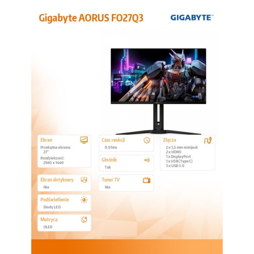 Gigabyte Monitor 27 cali FO27Q3 OLED 0,03/USB-C/HDMI/DP