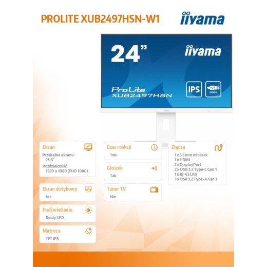 IIYAMA Monitor 24 cale XUB2497HSN-W1 IPS,USB-C Dock,HDMI,DP