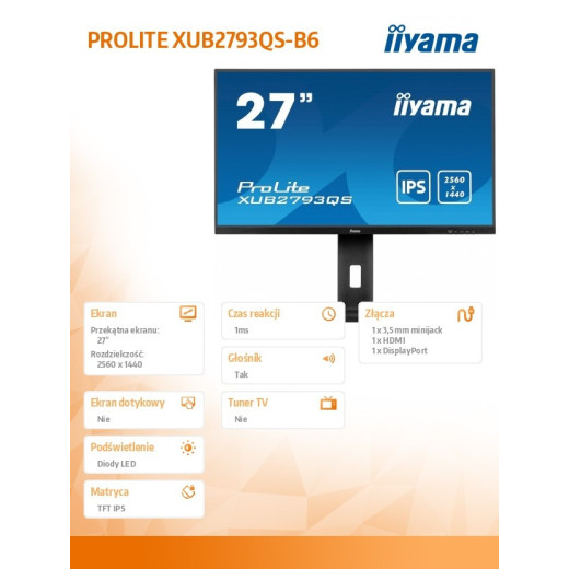 IIYAMA Monitor 27 cali XUB2793QS-B6 IPS,QHD,HAS(150mm),100Hz