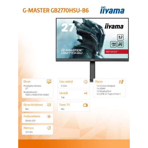 IIYAMA Monitor 27 cali GB2770HSU-B6 0.2ms,IPS,DP,HDMI,180Hz