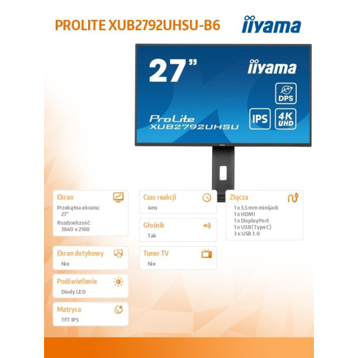 IIYAMA Monitor 27 cali XUB2792UHSU-B6,4K,IPS,DP,HDMI,USB-C