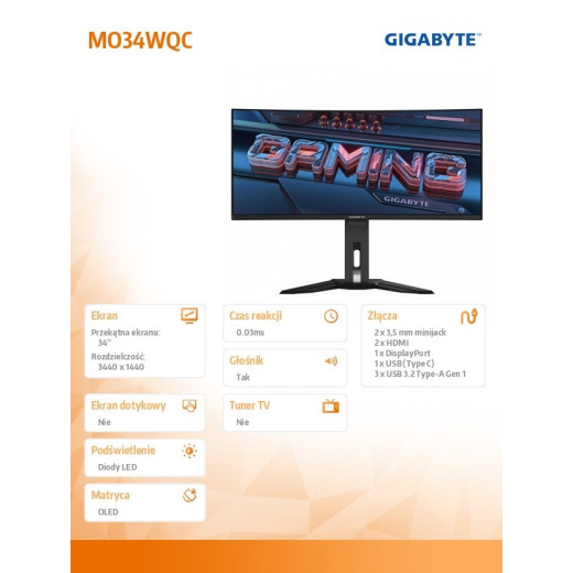 Gigabyte Monitor 34 cale MO34WQC OLED WQHD 2xHDMI DP USB-C