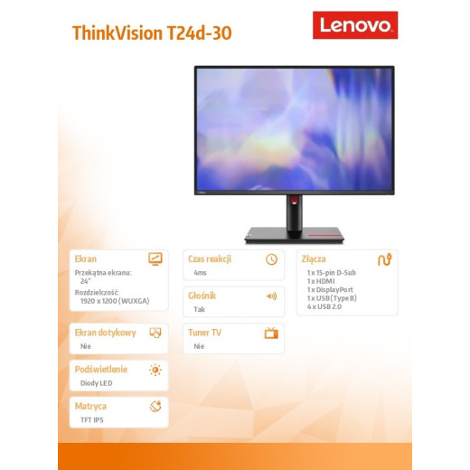 Lenovo Monitor ThinkVision T24d-30 24 cale 63FFMAT1EU