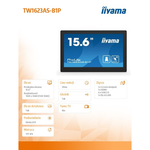 IIYAMA Monitor 16 cali TW1623AS-B1P,10P.DOT.IPS,ANDROID13,WIFI,24/7,RJ45, HDMI,3xUSB