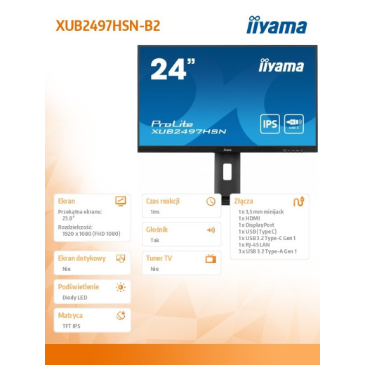 IIYAMA Monitor 24 cale XUB2497HSN-B2 IPS, USB-C Dock, HDMI, DP, 300cd, Pivot, HAS