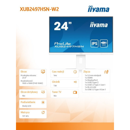 IIYAMA Monitor 24 cale XUB2497HSN-W2 IPS, USB-C Dock, HDMI, DP, 300cd, Pivot, HAS, biały