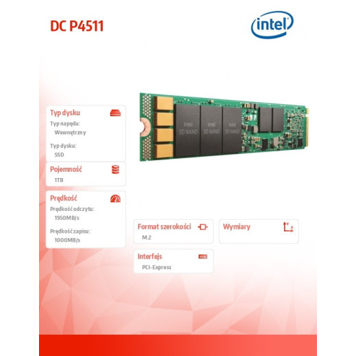 Intel Dysk SSD DC P4511 1.0TB, M.2 110mm PCIe 3.1 x4, 3D2, TLC SSDPELKX010T801