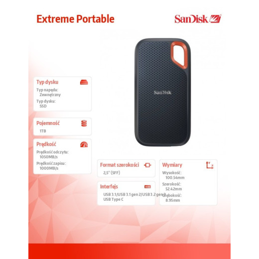 SanDisk Dyskk SSD Extreme Portable 1TB USB 3.2 Gen 2 1050MB/s