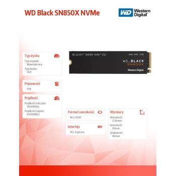 Western Digital Dysk SSD WD Black 1TB SN850X NVMe M.2 PCIe Gen4 2280