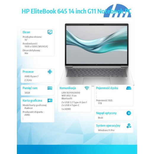 HP Inc. Notebook EliteBook 645 G11 Ryzen 7 PRO 8C 1TB/32GB/W11Pro/14.0 A38D9ET